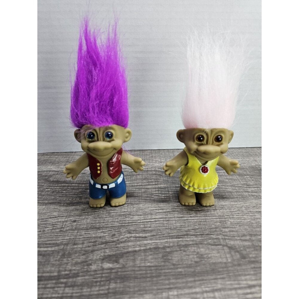 Lot of 2 Vintage Troll Dolls Purple Hair & Vest + Pink Hair & Dress